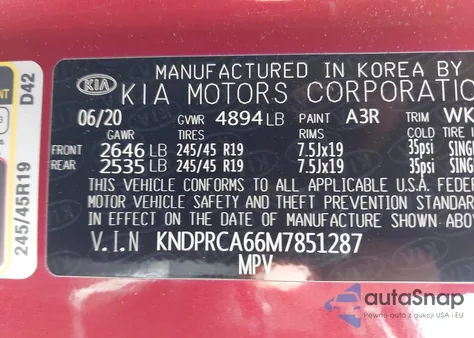 2021 Kia Sportage Sx Turbo z USA, uszkodzony, nr VIN KNDPRCA66M7851287